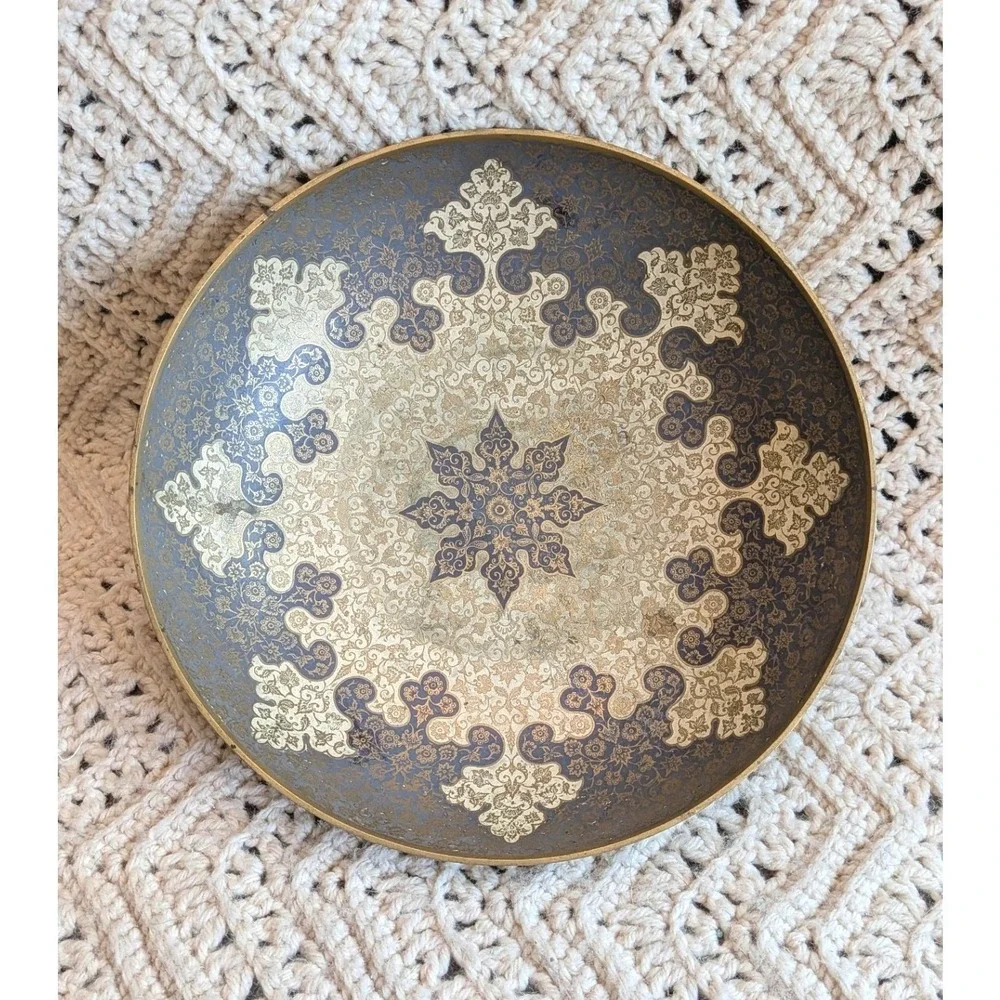 Vintage Enamel on Brass Bowl Blue Gold Mandala Floral Pattern Decorative